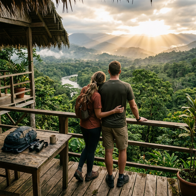 Tropical jungle eco-lodge with valley panorama