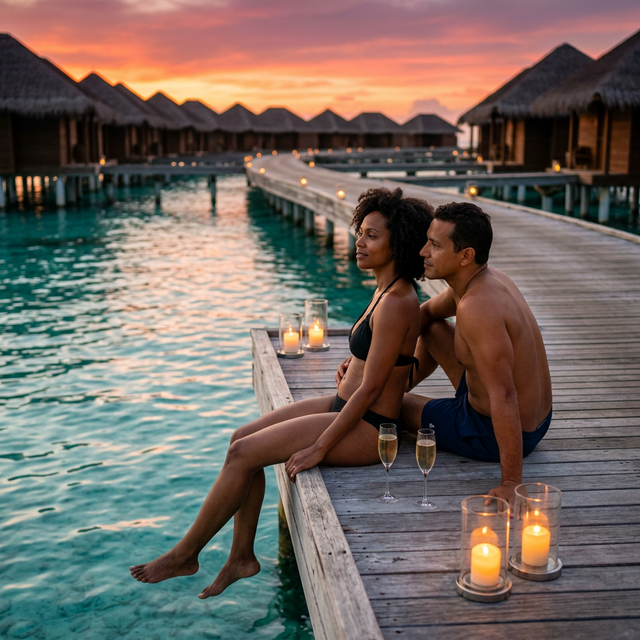 Romantic couple dining over water at sunset